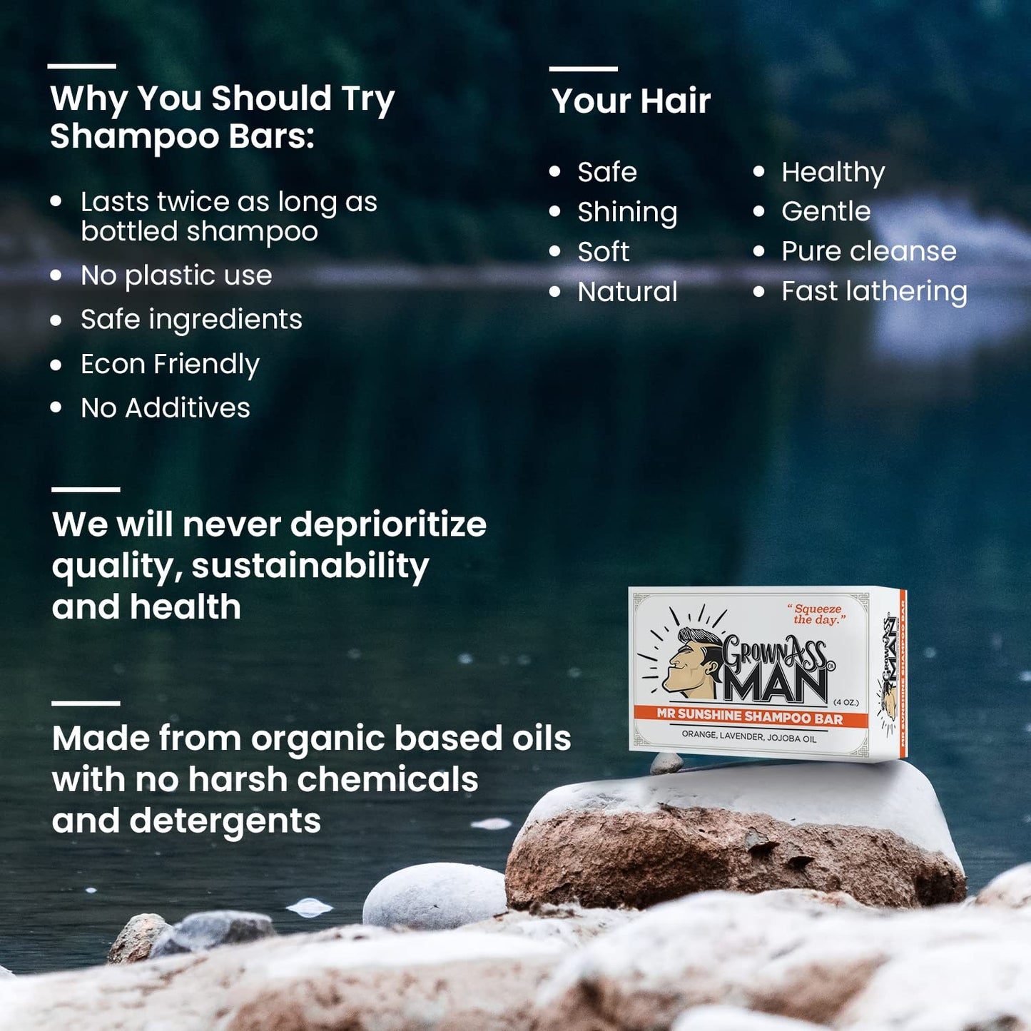 Solid Shampoo Bar Rich Lather 3 in 1: Hair, Beard & Body Wash - Plastic Free & Eco-Friendly, Natural & Organic Clean for All Hair Types, 4oz Bar (Mister Sunshine, 6-Pack)