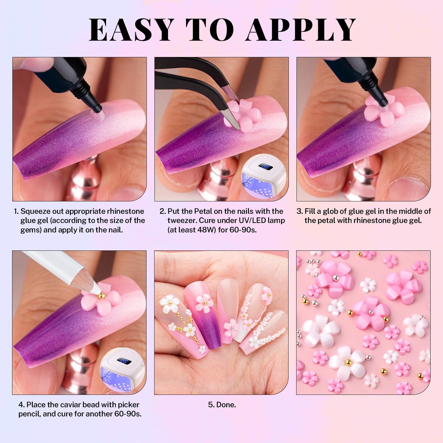 3D Flowers, Manicure Kit with Nail Rhinestone Glue Gel, Colorful Acrylic Flower Nail Charms with Caviar Beads, Rhinestones for Nails + Gem Glue for Nails (UV/LED Needed) with Pickup & Dotting Tools