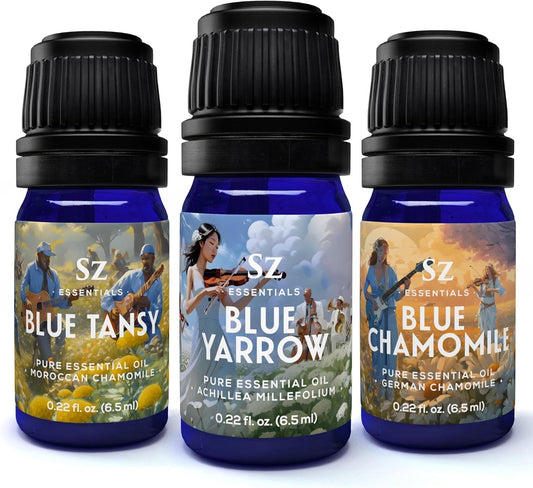 – “We Got The Blues” Essential Oils Set – Blue Tansy, Yarrow & German Chamomile – 3 x 6.5ml Bottles – 100% Pure, Natural, Undiluted – Therapeutic Grade & Vegan