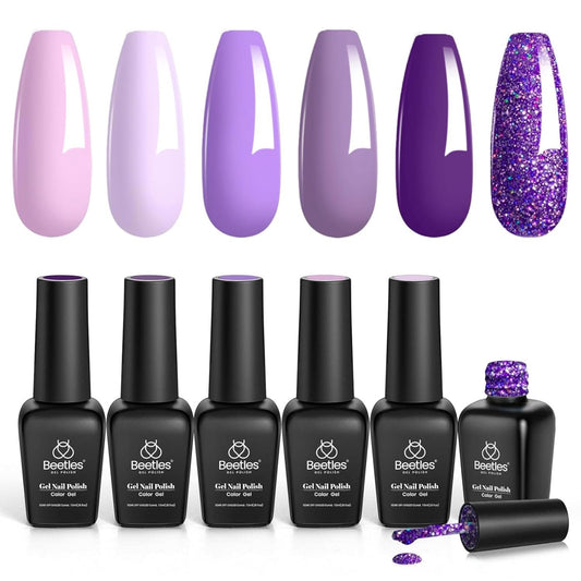 beetles Gel Polish Grape Vine Purple 6 Colors Purple Lavender Dark Lilac Glitter Pink Nail Polish Soak Off Uv LED Gel Nail Kit Salon Diy Nail Art Manicure Salon Home Gifts for Women