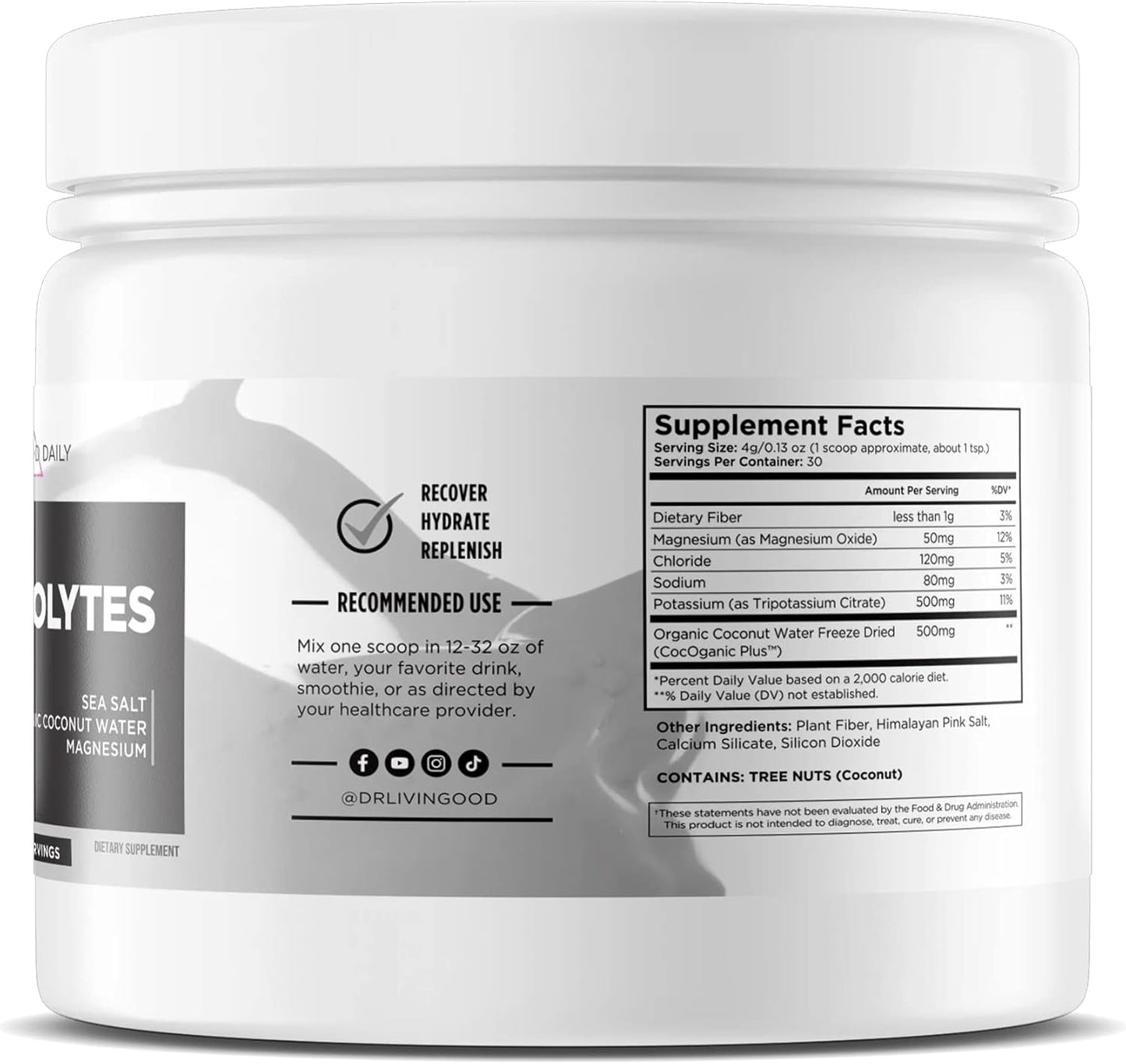 Livingood Daily Electrolytes Powder, Electrolytes Hydration Powder with Magensium, Potassium, Sea Salt and Coconut Water Sugar Free Electrolyte Drink Mix, Keto, Gluten Free, Unflavored, 30 Servings