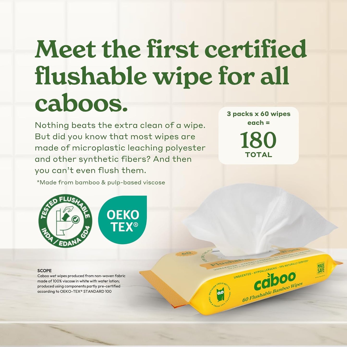 Caboo Tree Free Flushable Wipes, Certified Flushable, Septic Safe, Biodegradable, Chemical Free, Unscented Wipes for Adults made with Renewable Bamboo Based Viscose (Pack of 3, Total of 180)