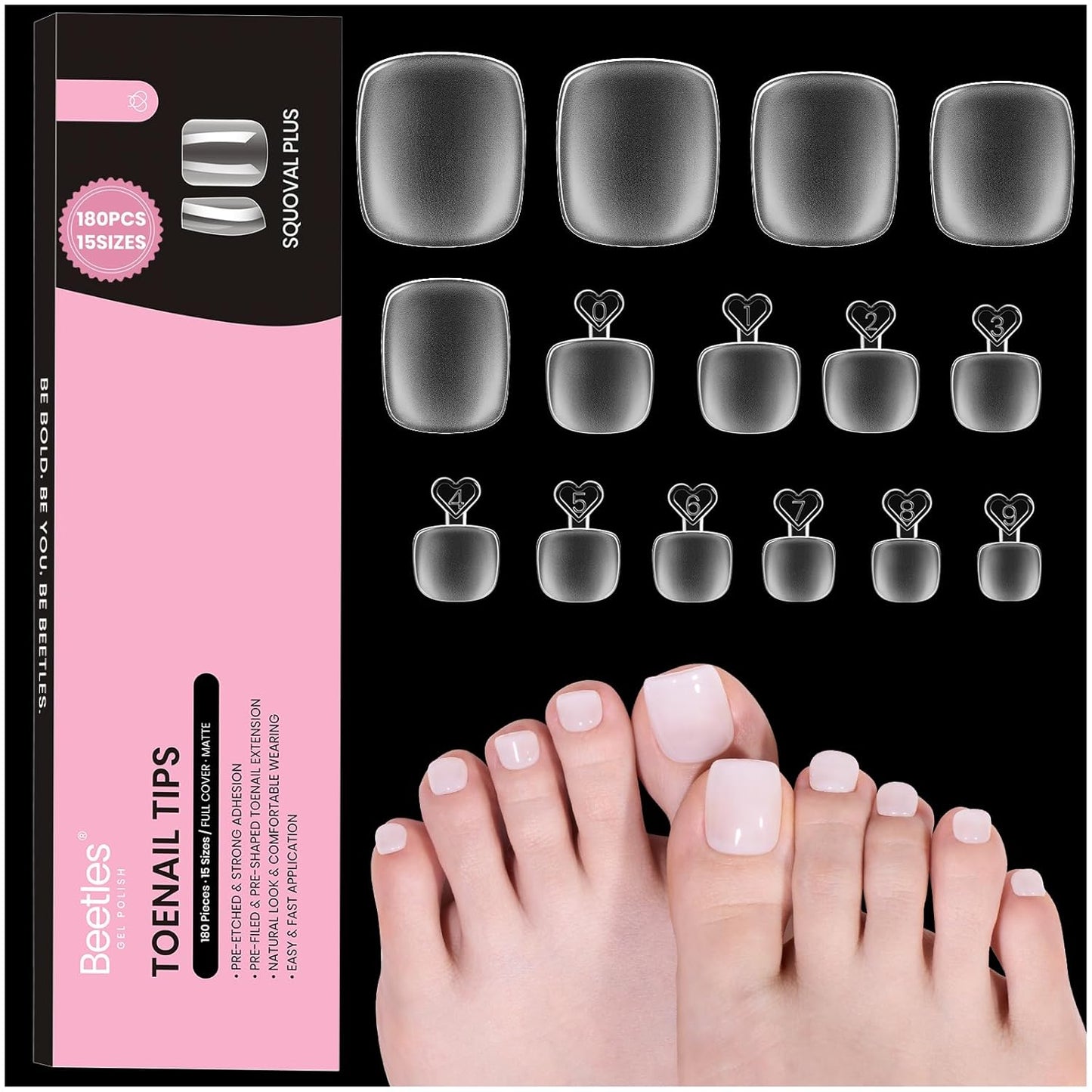 Beetles Toe Nail Tips Square for Big Toes - 15 Sizes 180 Pcs Long Wider Full Cover Toenail Tips Fake Acrylic Pre-etched Double Matte Nail Extensions, Press on Toe Nails for Wide Nail Beds