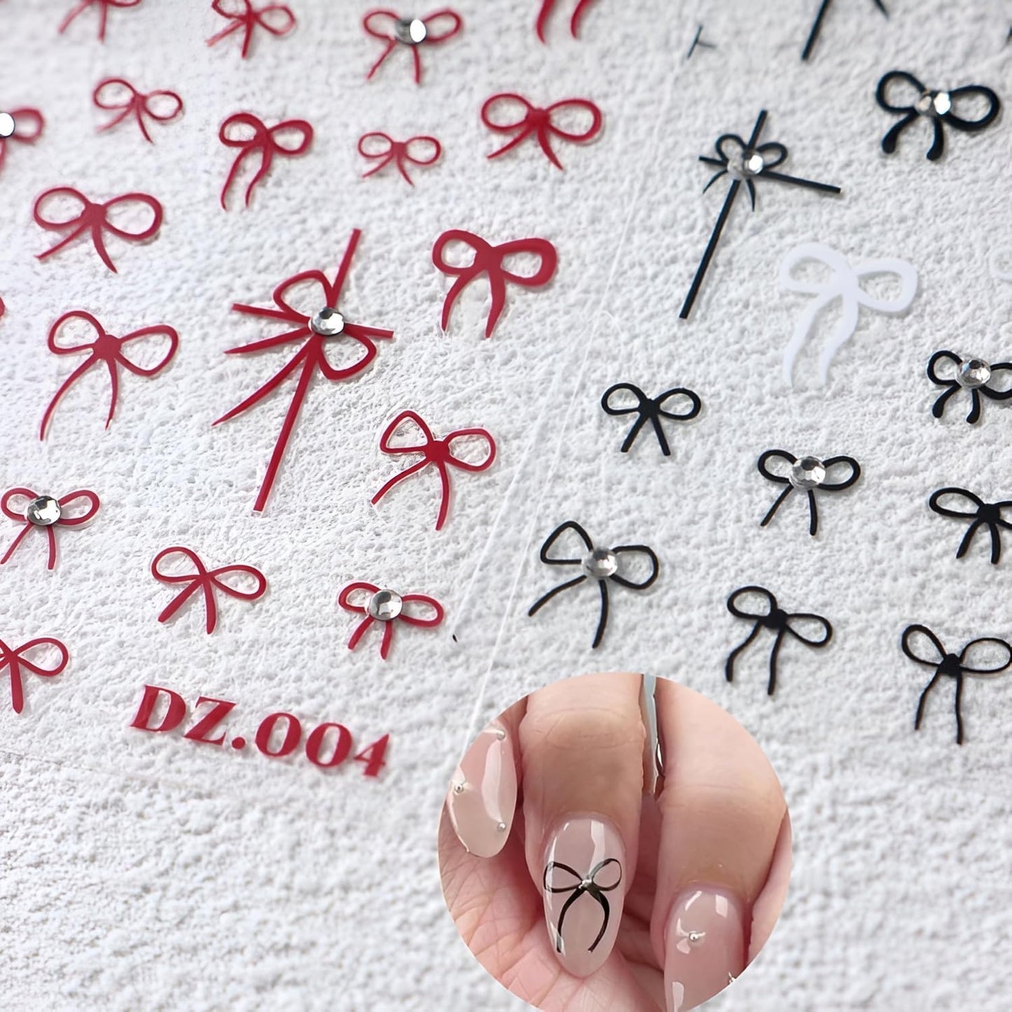 4 Sheets Bow Nail Stickers, 5D Embossed White Black Red, DIY Acrylic Nails, Bow Nail Supplies for Women
