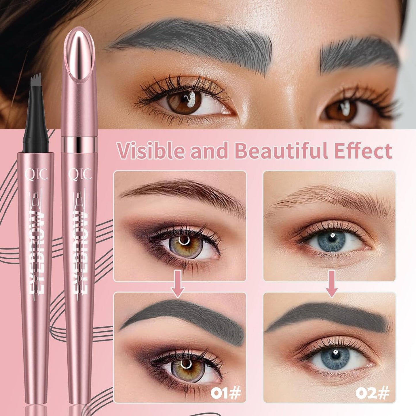 Eyebrow Pencils for Women - Microblading Eyebrow Pencil with Precise 4-Fork-Tip Waterproof Eyebrow Pen Smudge-Proof Eye Brow Pencils Create Natural Hair-Like Brows, Last All-Day, Gray