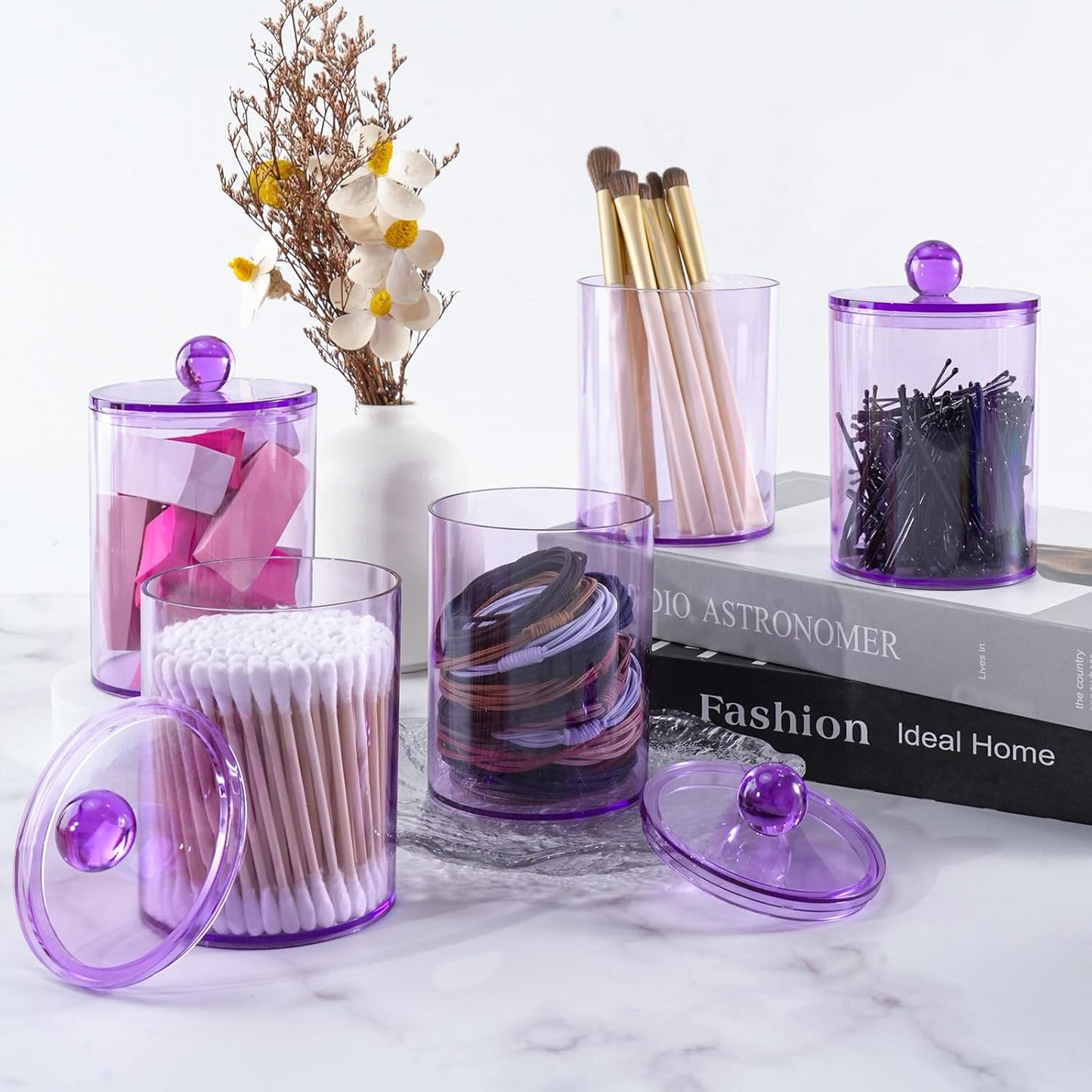 4 Pack Qtip Holder,Canister Apothecary Jar Set, Bathroom Jars with Lids Set for Cotton Swabs, Balls, Pads, Floss Picks,10oz-12oz Plastic Canisters Restroom Bedroom Vanity Organizer(Purple)