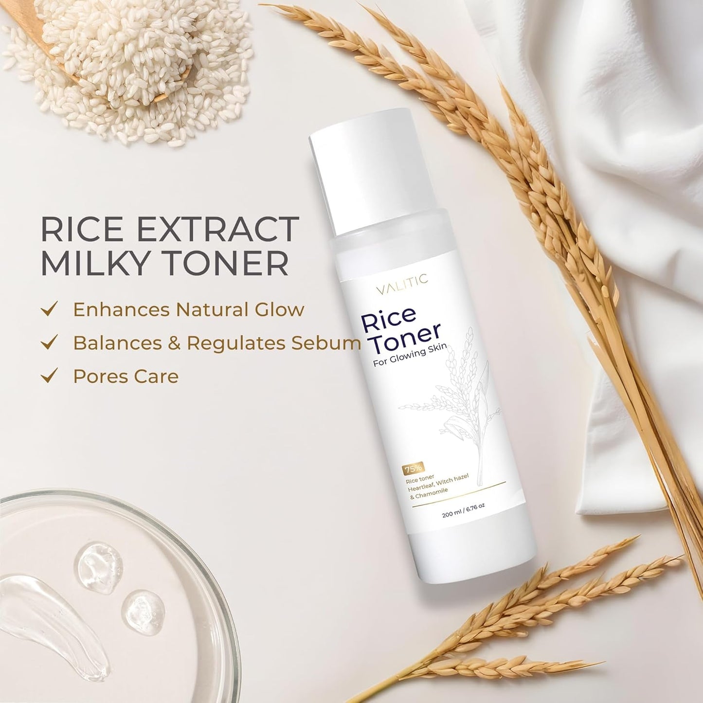VALITIC Rice Toner - 75 Rice Extract Milky Toner for Face with Niacinamide, Heartleaf, Witch Hazel and Chamomile Essence - Facial Glass Skin Hydrating Skin Care - 200 ml, 6.76 fl oz