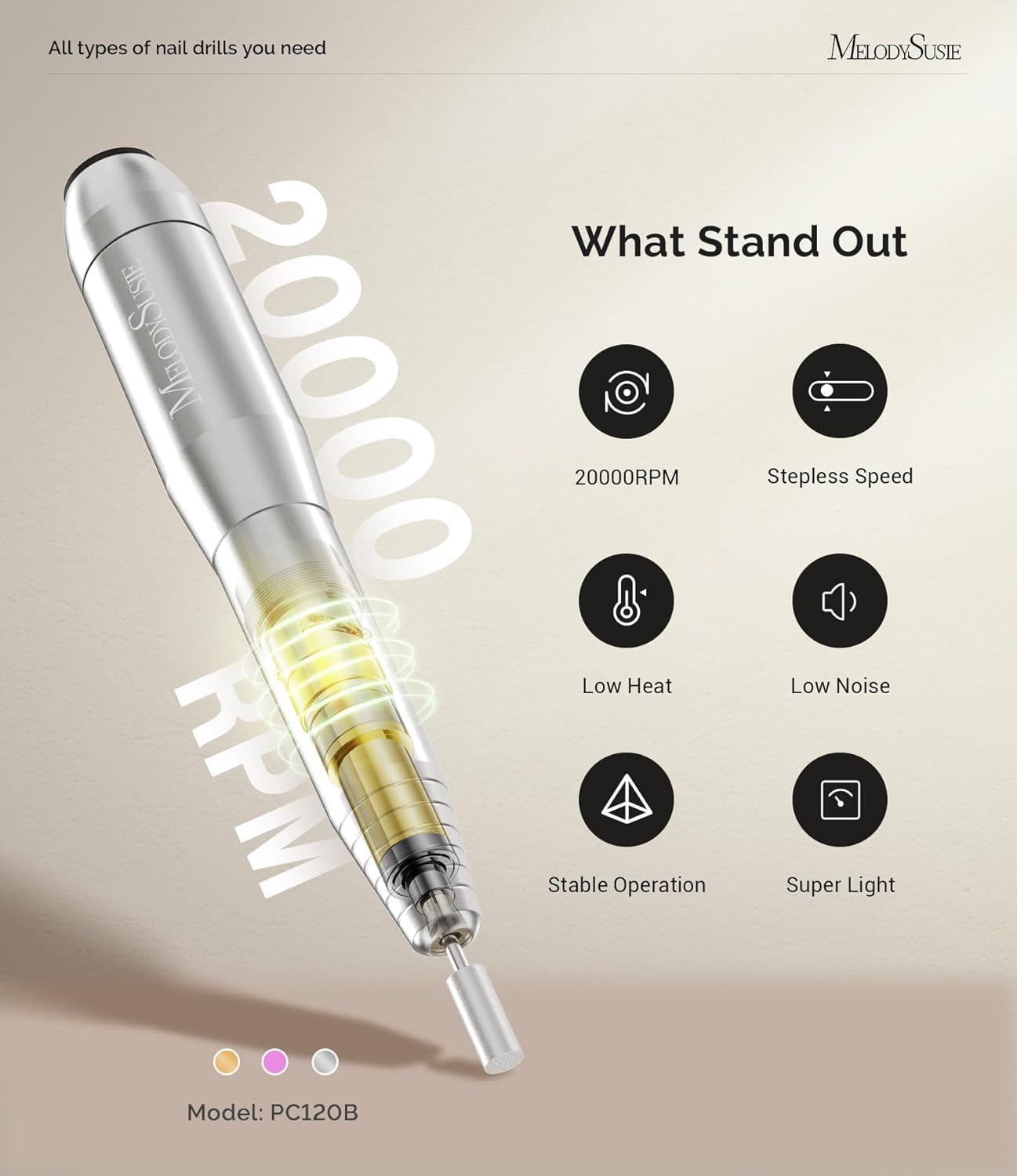 MelodySusie Portable Electric Nail Drill,PC120B Compact Efile Electrical Professional Nail File Kit for Acrylic, Gel Nails, Manicure Pedicure Polishing Shape Tools Design for Home Salon Use, Silver