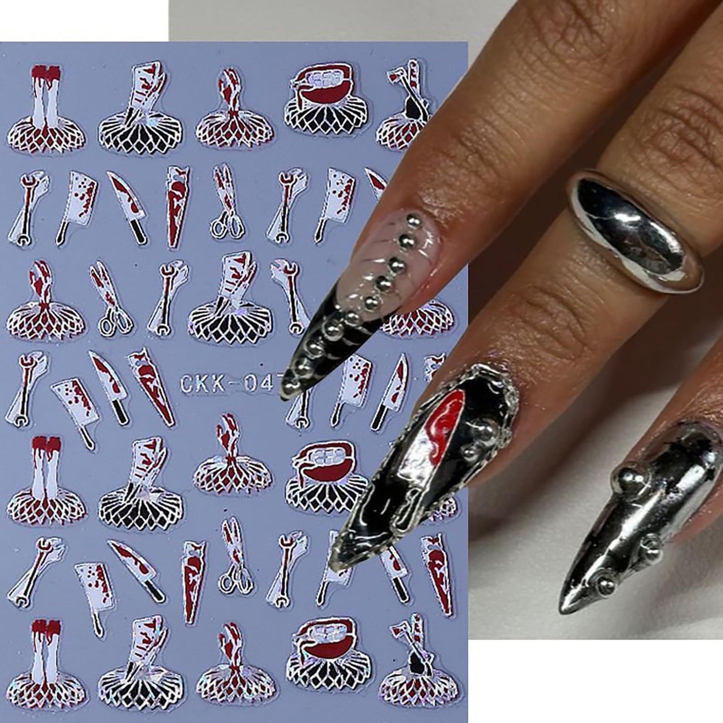 6 Sheets Halloween Nail Art Stickers 3D Self -Adhesive Bloods Hand Skeleton Nail Decals Holographic Blood Knives Nail Stickers Halloween Nail Decoration for Women Manicure Supplies