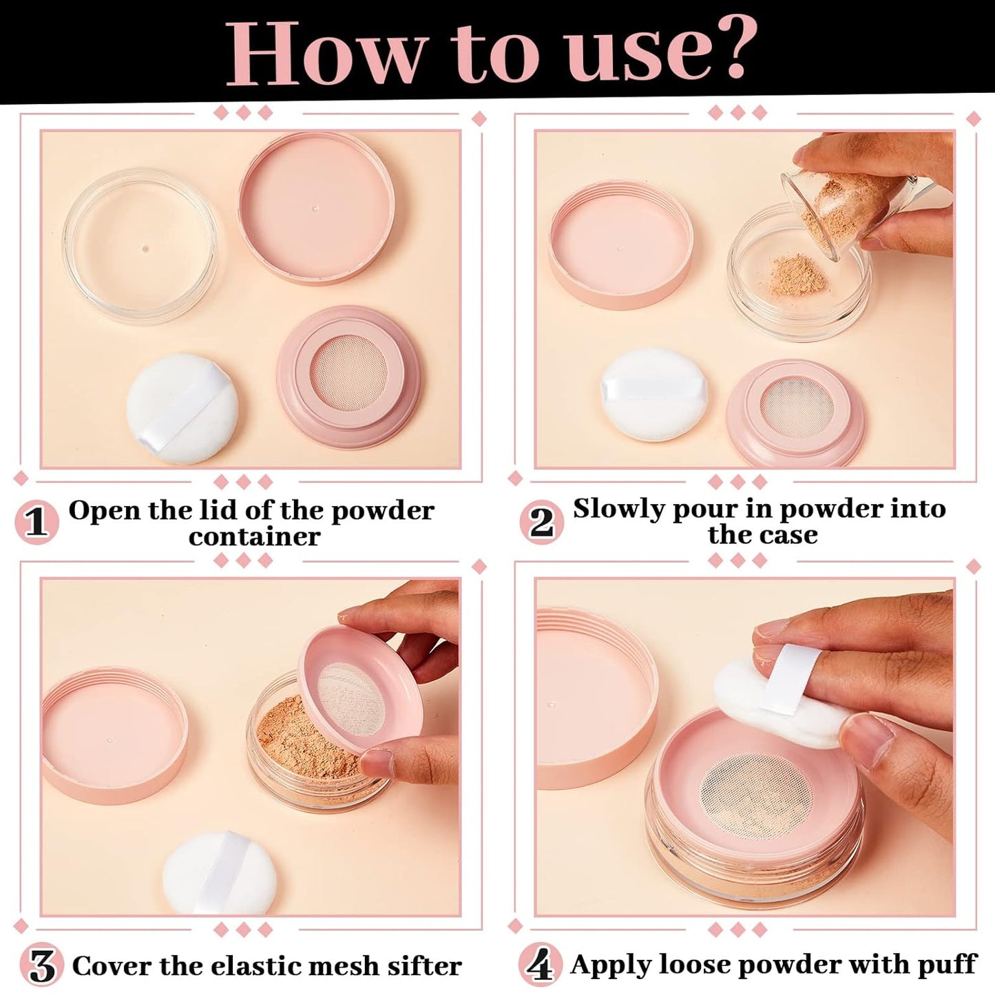 Tessco 4 Pcs 10ml/0.34oz Dusting Powder Containers with Puff Portable Loose Powder Container Reusable DIY Empty Makeup Container No Leak Travel Compact Case with Sponge Puff Elastic Net Sifter