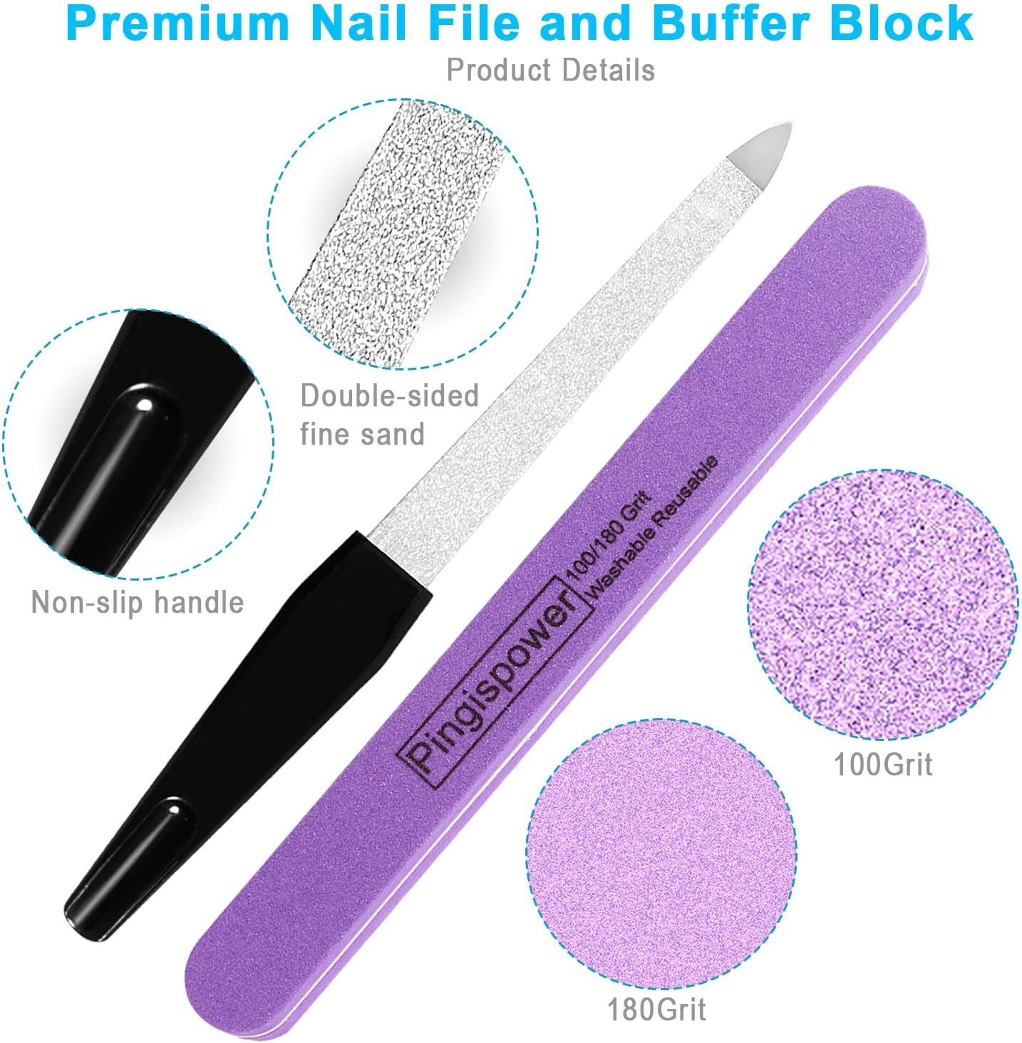 Nail File, 10PCS Professional Metal Nail Files and Buffers Block (100/180 Grit) for Natural Nails, Double Sided Washable & Reusable Manicure Care Kit for Women Home & Salon Travel