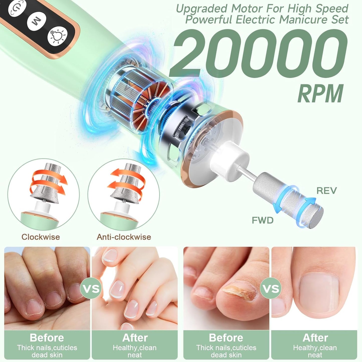 Professional Manicure Pedicure Kit with 360° LED Light&10 Speeds&Memory Mode with Case, Cordless Electric Nail Drill, Pedicure Tools for feet,Hand Foot Care Nail File for Thick Nail Toenail Cuticle