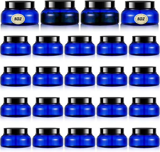 Tessco 24 Pack Plastic Jars with Lids Labels Empty Clear Plastic Jars Round Refillable Cosmetic Containers Body Butter Containers Bulk Sugar Scrub Bottle for Make Up(5 oz,Blue, Black)