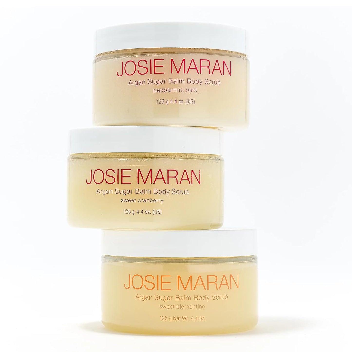 Josie Maran Argan Sugar Body Scrub Trio - 3-Piece Body Care Set - Softens, Smoothes & Hydrates Dry Skin - Includes Scents Sweet Clementine, Peppermint Bark & Sweet Cranberry (3 Count)