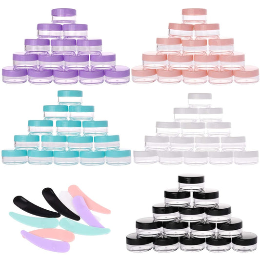 Refillable Cosmetic Sample Jars - 100 Pack 10g (0.35oz) Multi Color Small Travel Containers with Lids + 10 Mini Makeup Spatulas - BPA Free