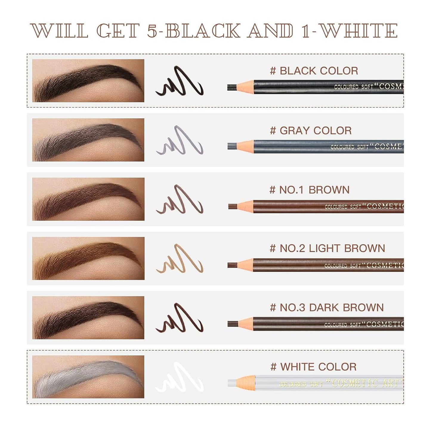 Waterproof Eye-Brows Pen-cil Set, Pull Cord Peel-off Eyebrow Pencil Microblading Eyebrow Pen Supplies Kit, White Eye-Liner Pencil and Eyebrows Tool Tattoo Makeup For Marking (5+1 Black)