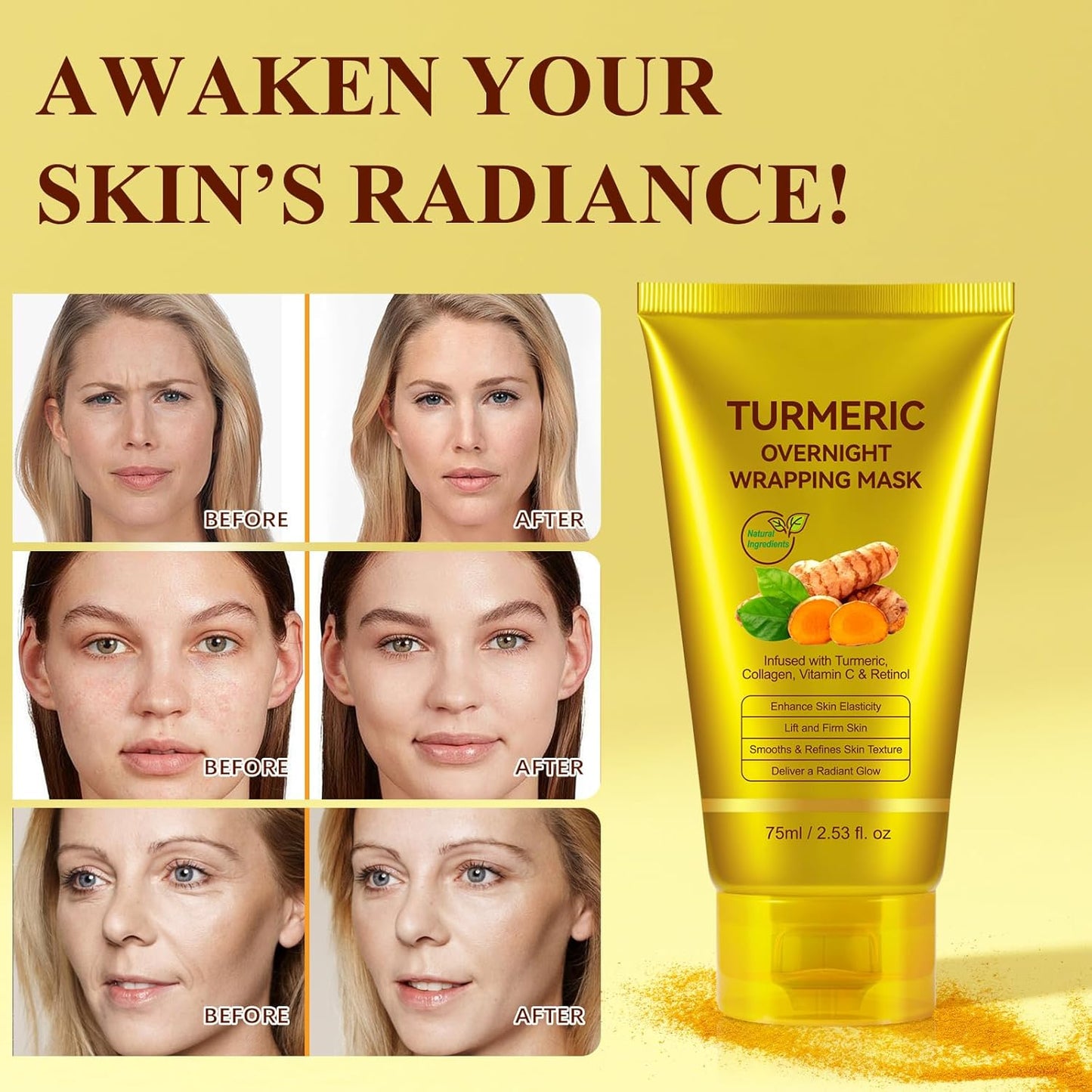 2 Pack Turmeric Vitamin C Collagen Overnight Wrapping Peel Off Mask for Lifting & Firming Face/Neck, Saggy/Dull/Roughed Skin treatment for Clear, Dewy, Radiant Face, 2.53 Oz/75 ML