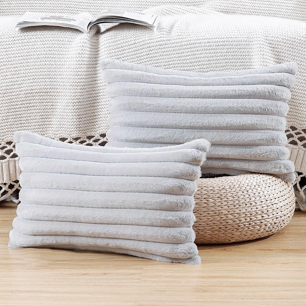 MADIZZ Set of 2 Faux Wool Plush Decorative Throw Pillow Covers 12x20 Inch Light Grey Fluffy Striped Soft Decorative Cushion Cover for Sofa Bedroom Pillow Shell