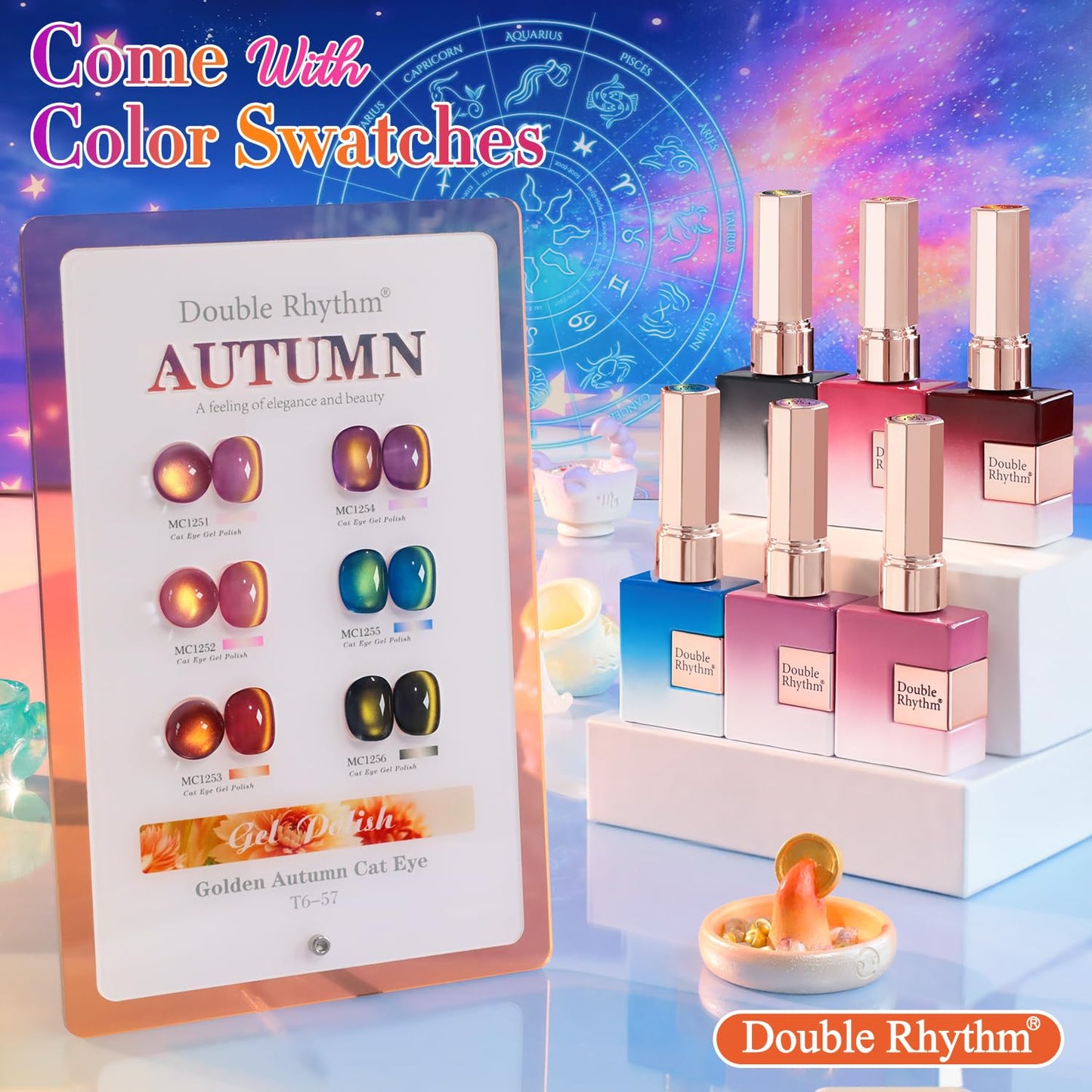 Double Rhythm Cat Eye Gel Nail Polish Set of 6 Same Color Same Bottle 0.5 Oz Shimmer Glitter with Magnet Holographic Reflective Magnetic UV Nail Polish Kit at Home (Golden Autumn Brown-T6-57)