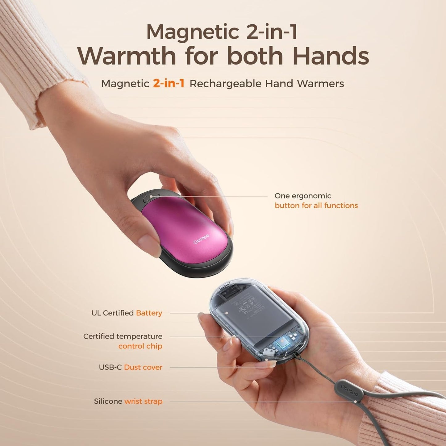 OCOOPA Magnetic Hand Warmers Rechargeable 2 Pack, AI Electric Handwarmers, Fast Heating, 3-Settings, UL Certified, Portable Heater, Gloves Fitting, Travel Essentials, Gifts Women Men, UT3 Lite