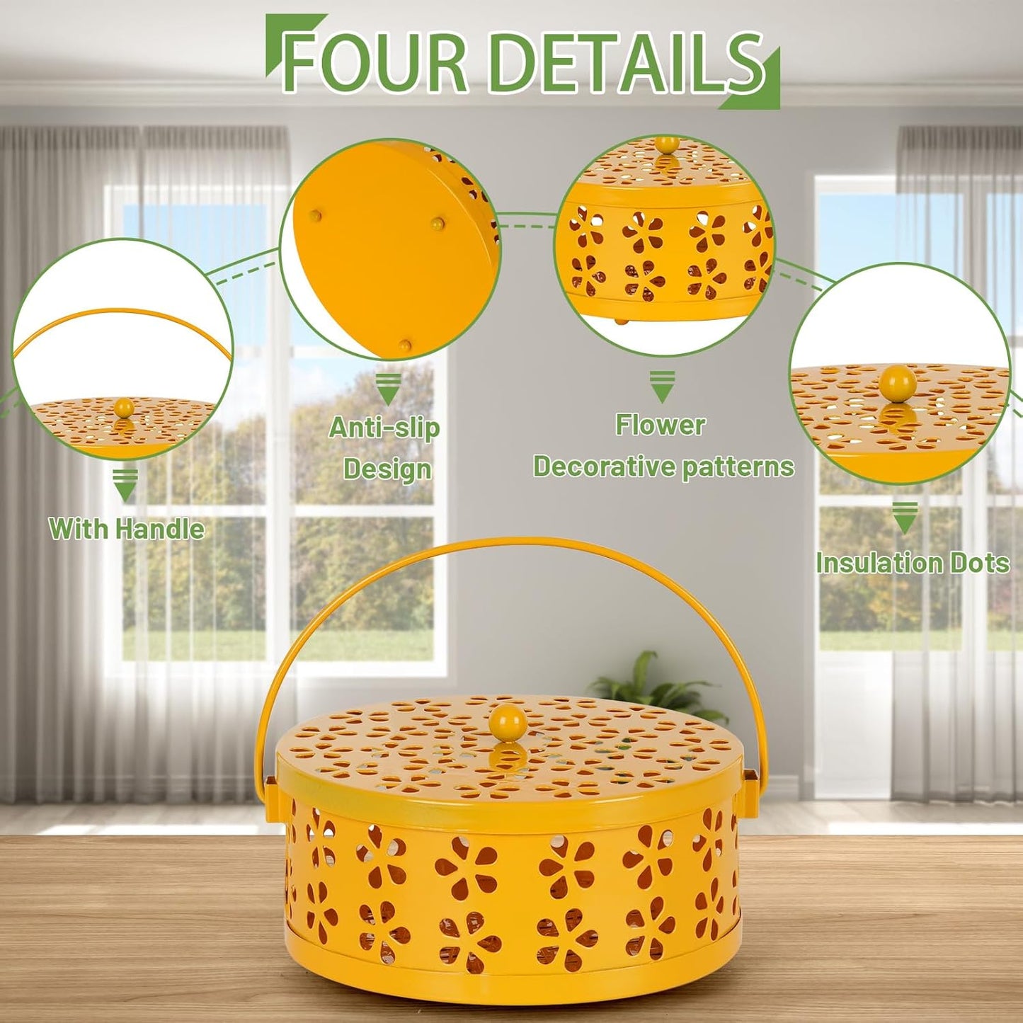 Portable Iron Mosquito Coil Holder with Handle Round Heat-Resistant Incense Holder (2 Pack Yellow)