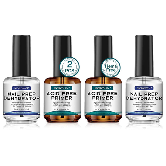 Morovan Nail Prep Dehydrator and Primer, Natural 4 PCS Dehydrator & Acid-Free Bond Primer for Acrylic Powder U V Extension Gel Nail Supplies Set