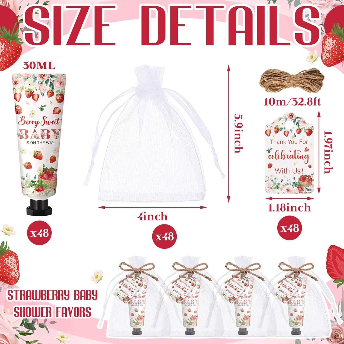 48 Sets Strawberry Hand Cream Gifts Baby Shower Party Hand Cream Favors for Guests Berry Sweet Baby Is on the Way Gift Bulk Travel Size Hand Lotion Set for Guest