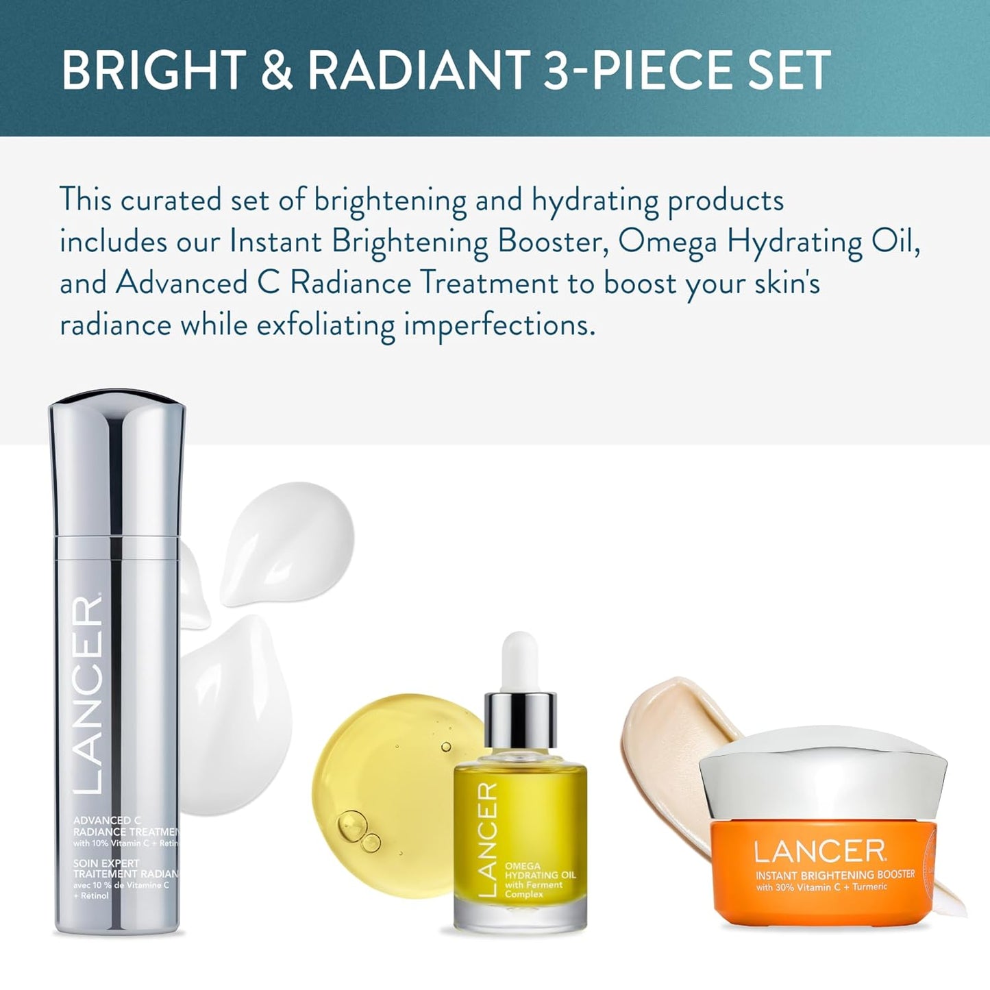 Lancer Skincare Bright & Radiant 3-Piece Set with Instant Brightening Booster, Omega Hydrating Oil, and Advanced C Radiance Treatment for Glowing Skin