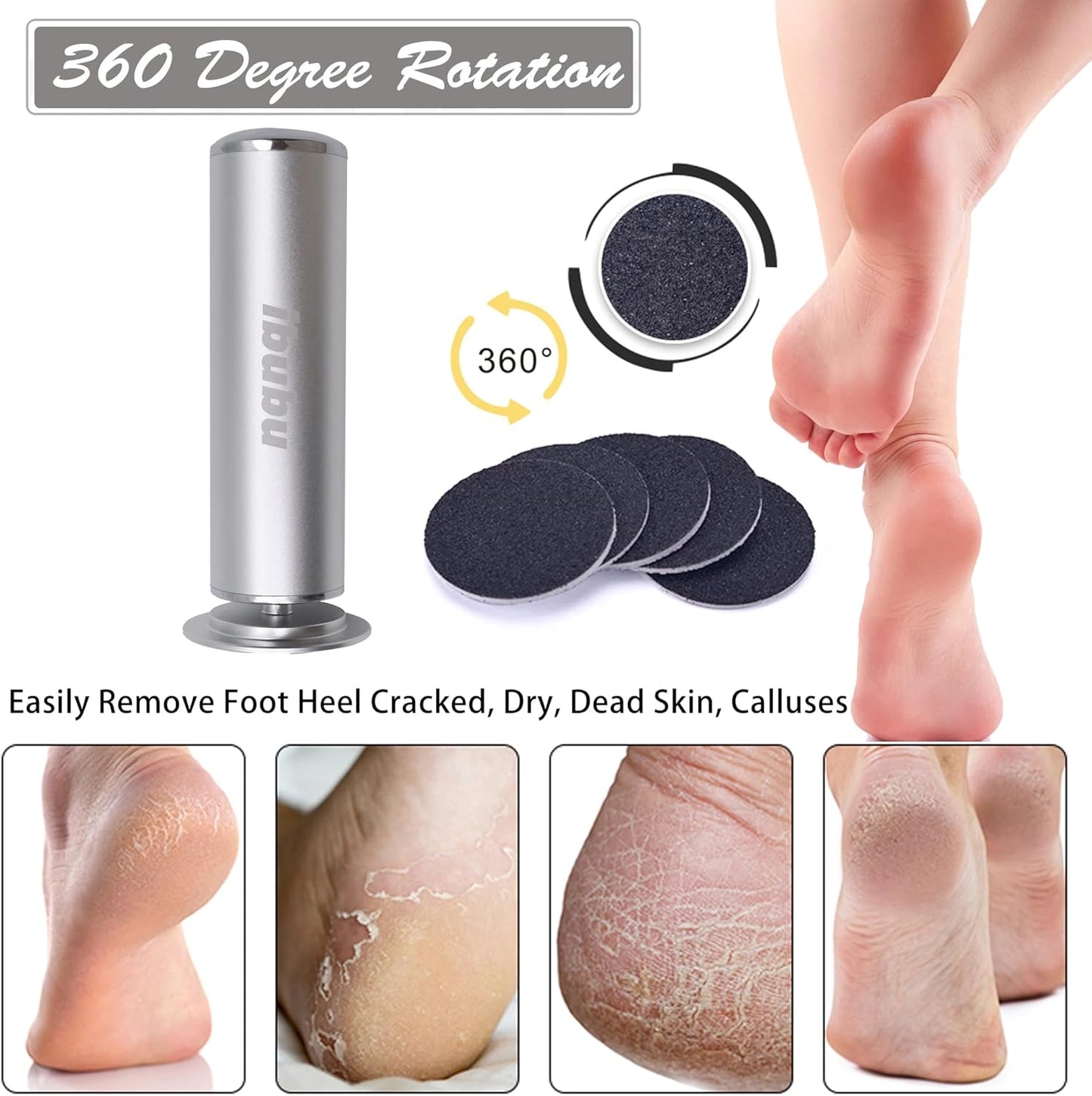 Electric Feet Callus Remover Professional Powerful Foot File Pedicure Grinder Sanders with 60PCS Replacement Sandpaper Discs Heel Scraper for Dead Dry Crack Skin Calluses Speed Adjustable Silver