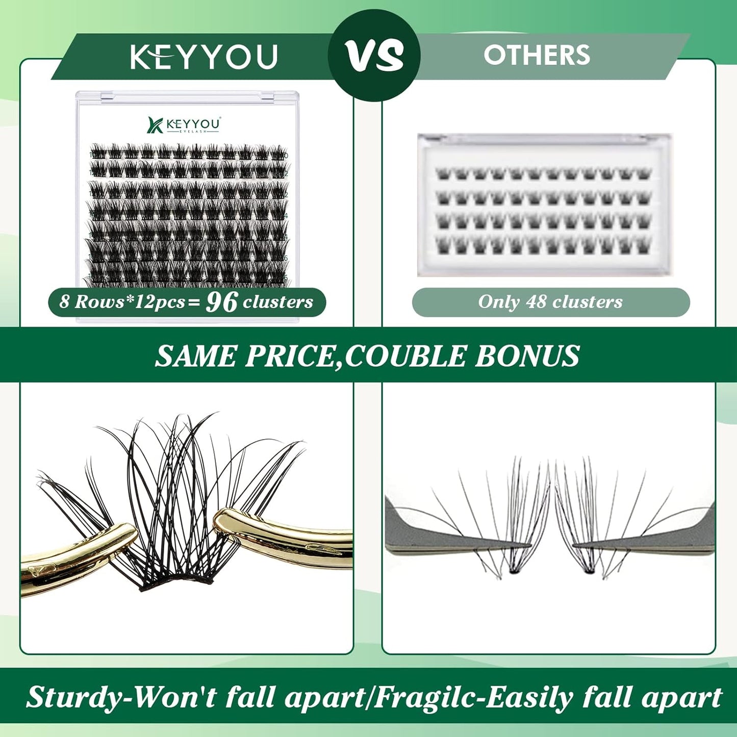 Lash Clusters 96pcs Individual Lashes Y08 D Curl 10mm Cluster Lashes KEYYOU Volume Wispy Lash Extension Soft&Comfortable Easy DIY at Home(Y08 D-10mm)