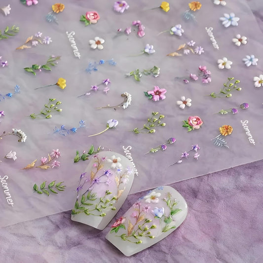 Flower Nail Art Stickers Decals 5D Embossed Self Adhesive Flower Nail Stickers for Nail Art Spring Summer Nail Decals Colorful Floral Nail Supplies Decoration for Women and Girls 2 Sheets