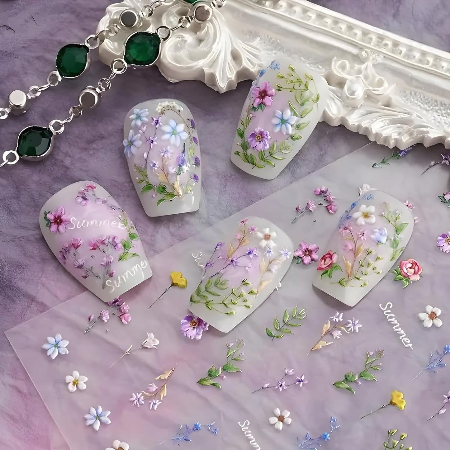 Flower Nail Art Stickers Decals 5D Embossed Self Adhesive Flower Nail Stickers for Nail Art Spring Summer Nail Decals Colorful Floral Nail Supplies Decoration for Women and Girls 2 Sheets