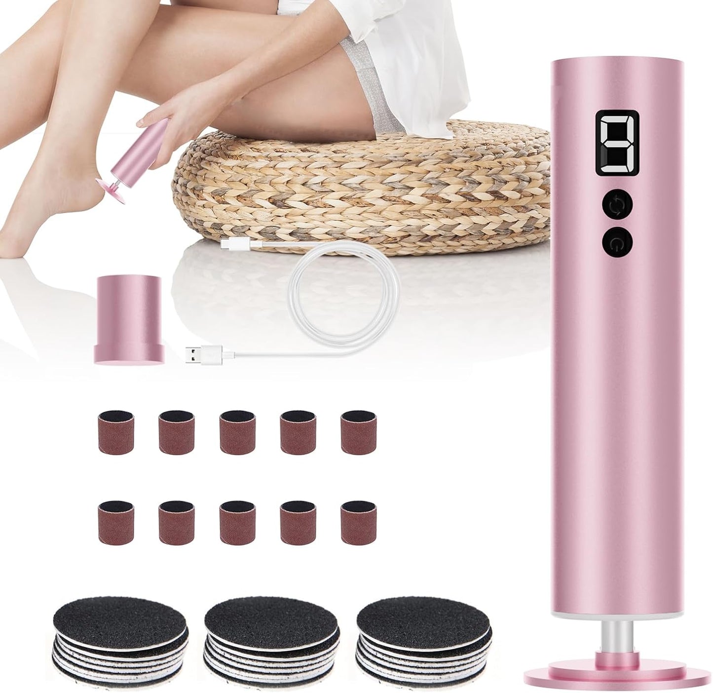 Powerful Electric Foot File & Callus Remover - Over 1-Hour Continuous Use, 360° Rotating Grinder, Foot Drill & Sander, 1200mAh Rechargeable Cordless Pedicure Tool,Foot Grinder(Pink)