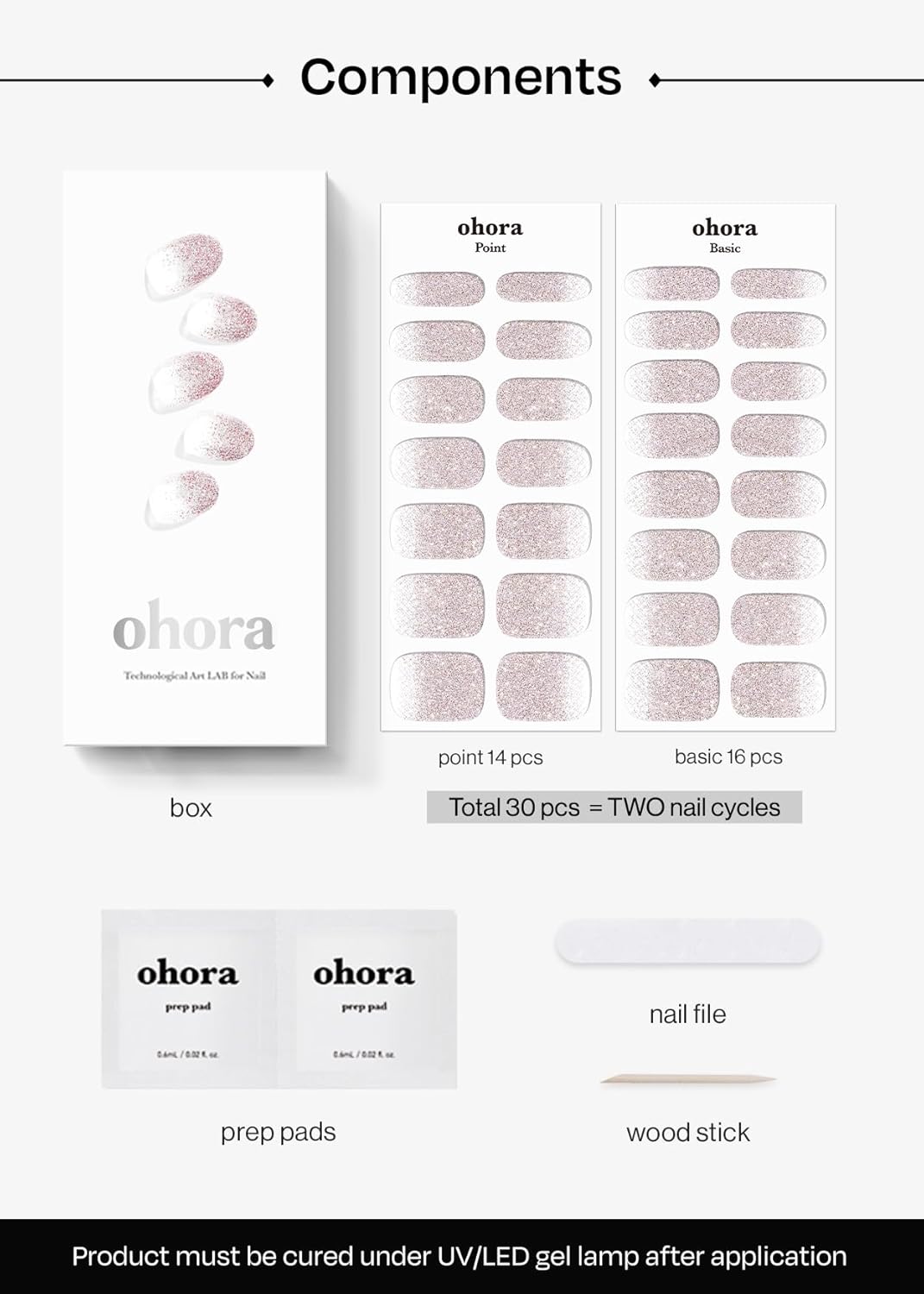 ohora Semi Cured Gel Nail Strips (N Basic Nails no.3) - Nude, Glitter, Works with Any UV/LED Lamps, Salon-Quality, Long Lasting, Easy to Apply & Remove - Includes 2 Prep Pads, Nail File & Wooden Stick