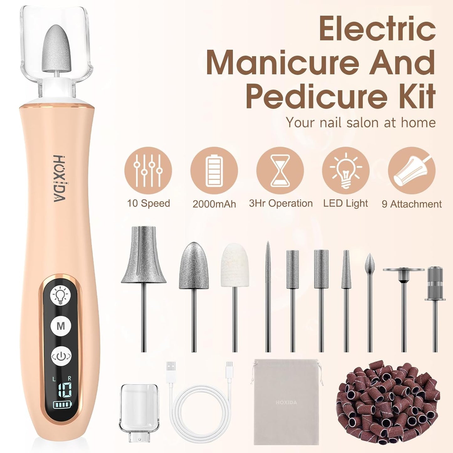 Professional Manicure Pedicure Kit, Cordless Electric Nail Drill with 360° LED Light&10 Speeds&Memory Mode, Pedicure Tools for feet, Hand Foot Care Nail Drill for Thick Nail Toenail Cuticle, Pink