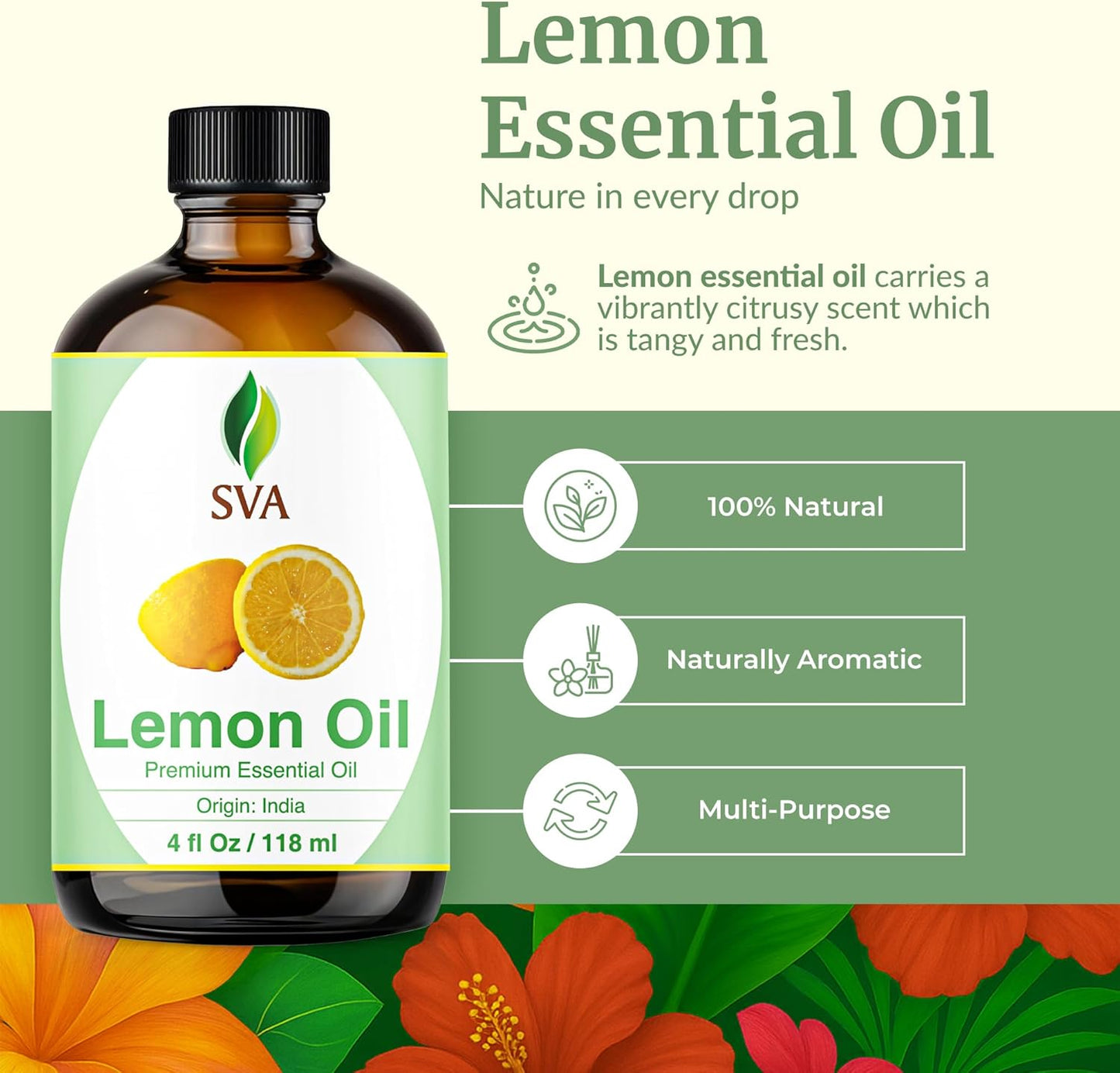 SVA Lemon Essential Oil – 4 Fl Oz – 100% Natural Lemon Oil - for Diffuser, Hair Care, Face, Skin Care, Aromatherapy, Scalp and Body Massage, Soap and Candle Making – with Dropper