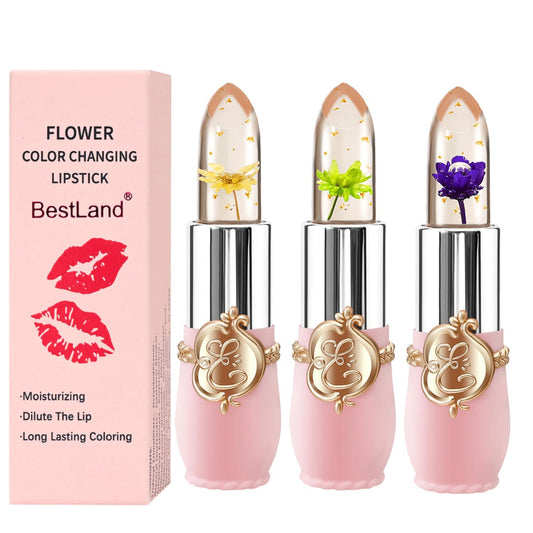 3 Pcs/Set Flower Jelly Lipstick Set Temperature Change Moisturizer Long Lasting Nutritious Balm Magic Color Change Lip Gloss (Flower Jelly Lipstick 040506)