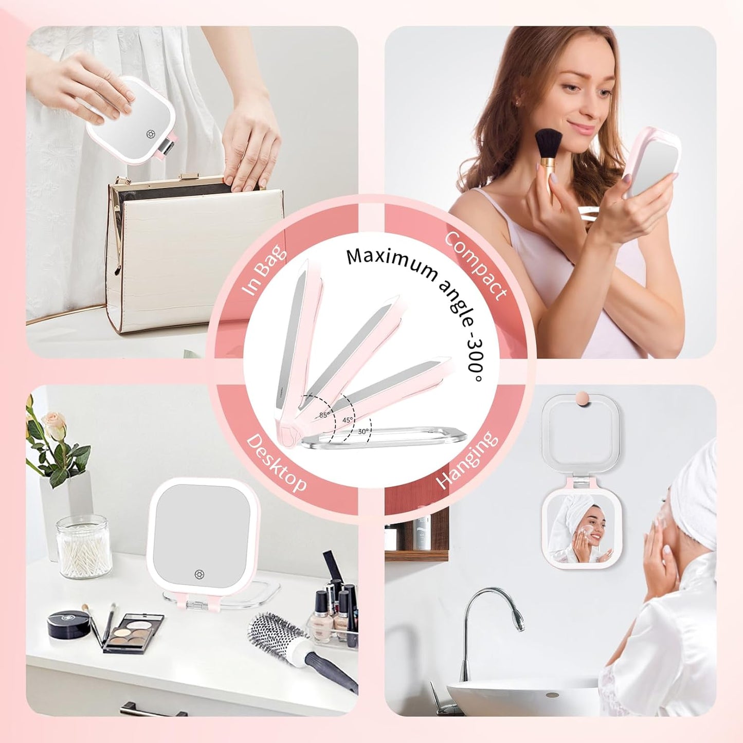 FASCINATE 10X Magnification Compact Travel Makeup Mirror with Lights and Magnification, 3.5 inch Portable 1X/10X Magnifying Mirror with 3 Color Light, Folding, Handheld (Pink)