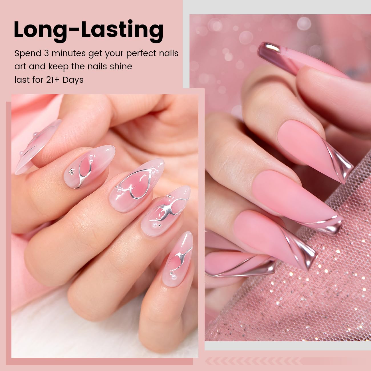 RARJSM Metallic Chrome Gel Liner Nail Art 3D Mirror Silver and Rose Gold Effect Gel Nail Polish 8ml Painting Build in Thin Brush Metal Painted Drawing Striper Gel Polish Curing Requires for Home Salon