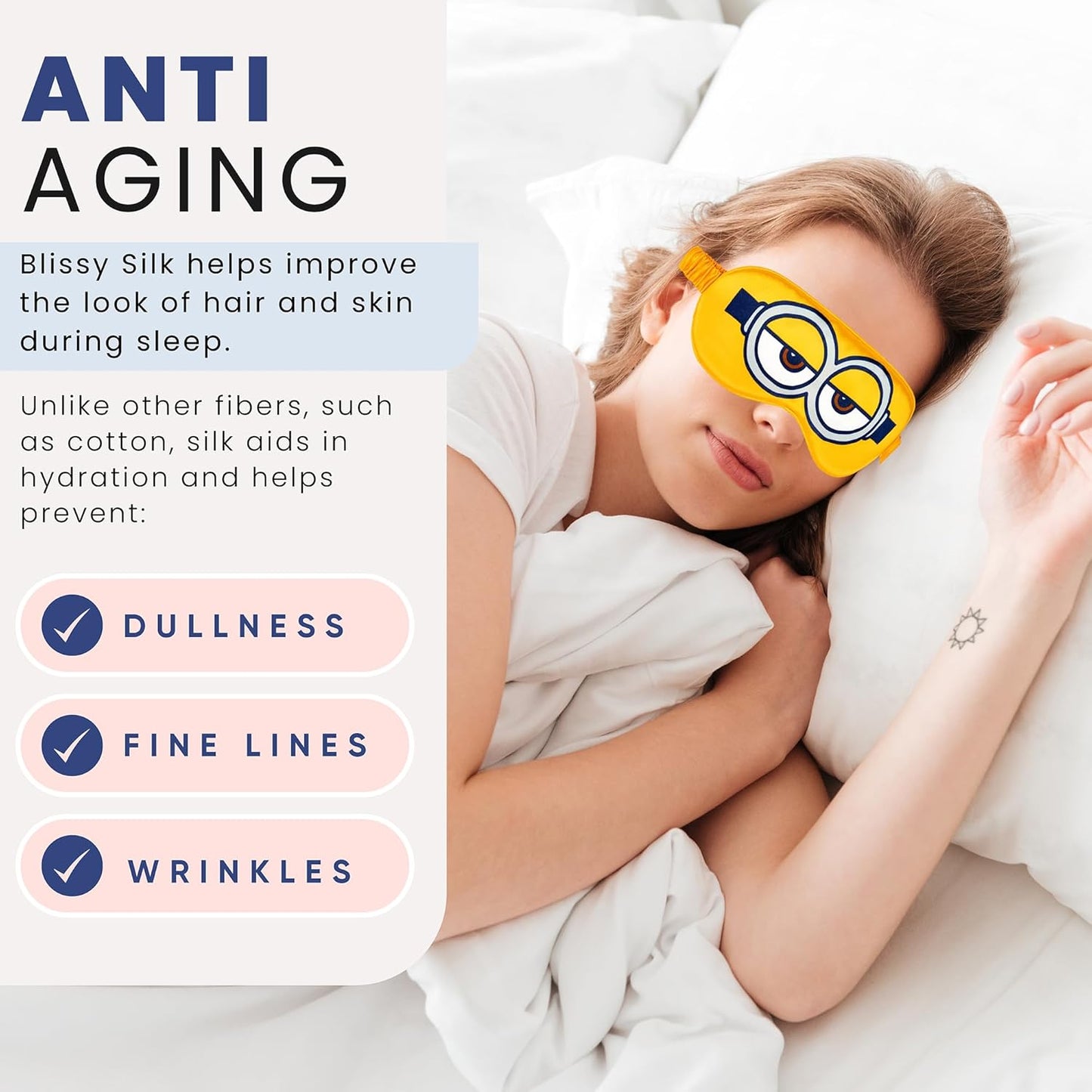 Blissy Silk Sleep Mask - Silk Eye Sleeping Mask for Women & Men for Total Blackout - 100% Pure Mulberry Silk, 22 Momme 6a Fibers - Blindfold Silk Sleep Mask Side Sleeper Eye Cover (Minion)