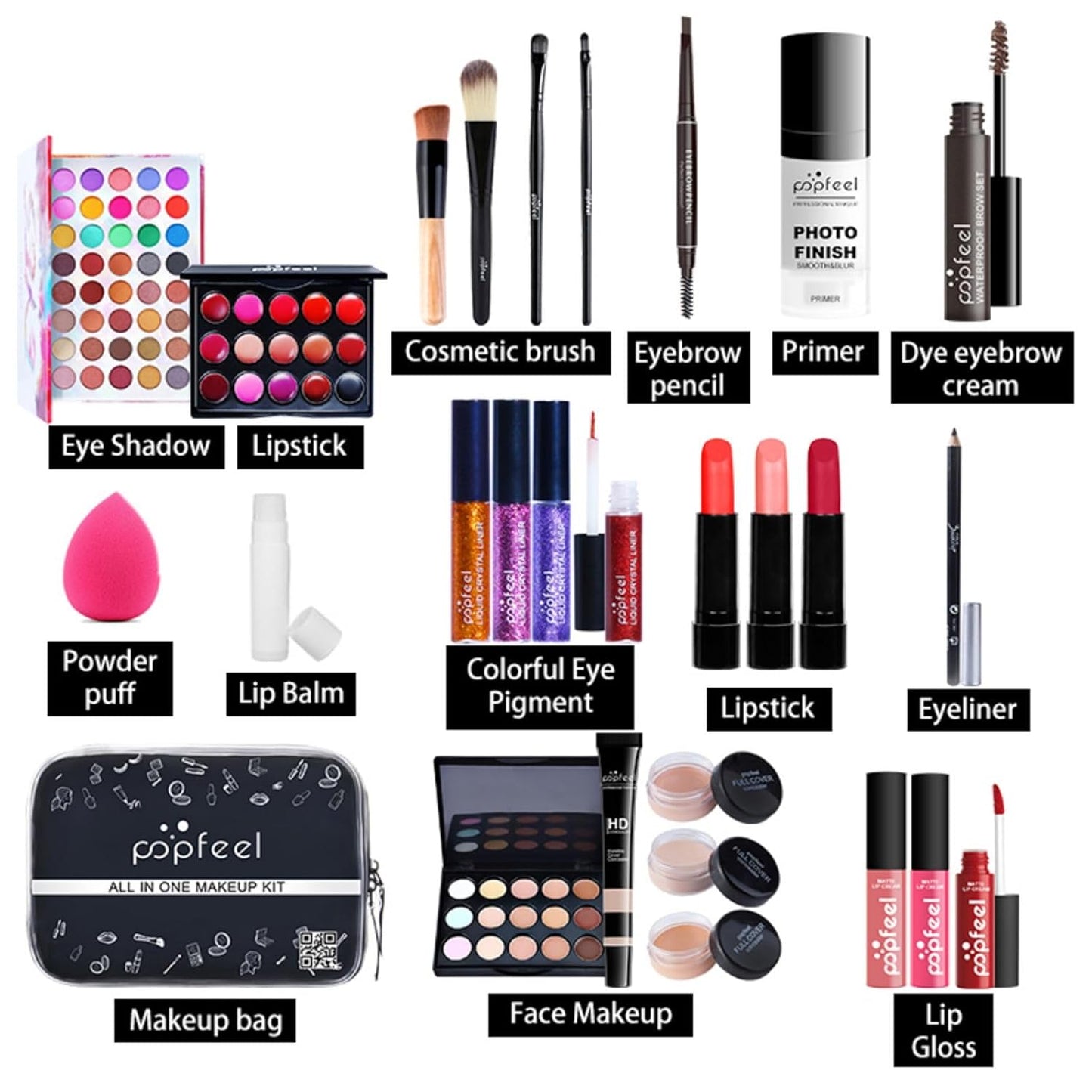 All-in-one Makeup Set Holiday Gift | Full Makeup Kit for Women Essential Starter Bundle Include Eyeshadow Palette Lipstick Blush Cream Concealer Face Powder Eyeliner Mascara Lipgloss Brush