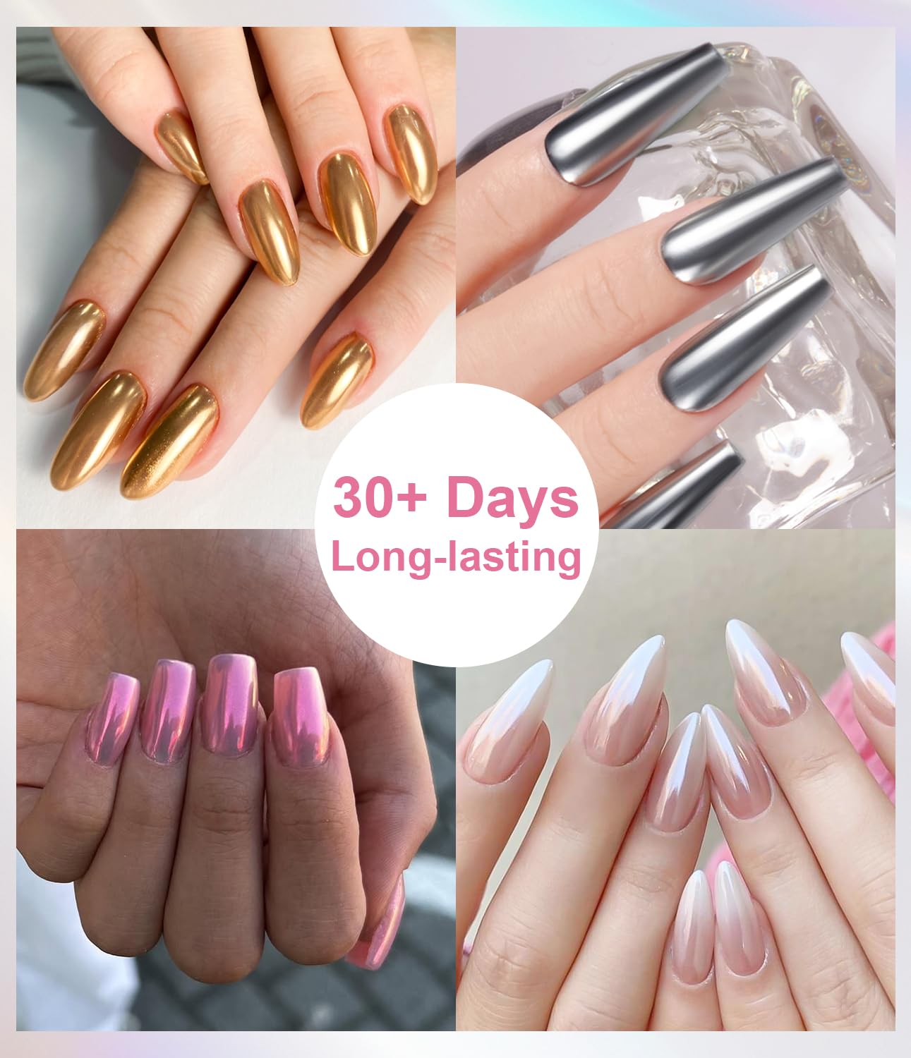 Pearl Chrome Nail Powder BISHENGYF -【Fairy Effect】Pink Chrome Nail Powder White Aurora Yellow Mermaid Iridescent Nail Chrome Powder Metallic Mirror Glitter Pigment Dust For Nail Art Decroation DIY