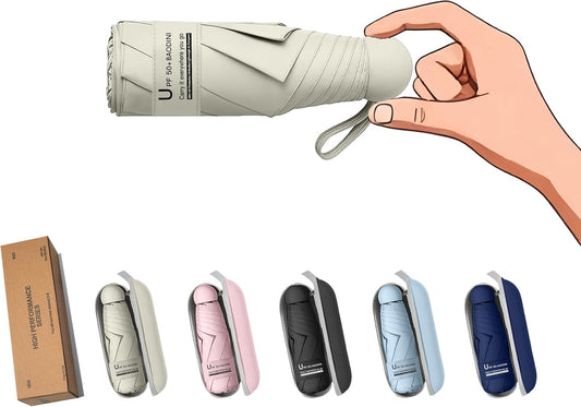 BAODINI Travel Essentials Mini Umbrella for Purse With Case Small Compact UV Sun Protection Lightweight Tiny Pocket Manual Open Close Umbrella for Women Kids and Men Fit Purse Backpack