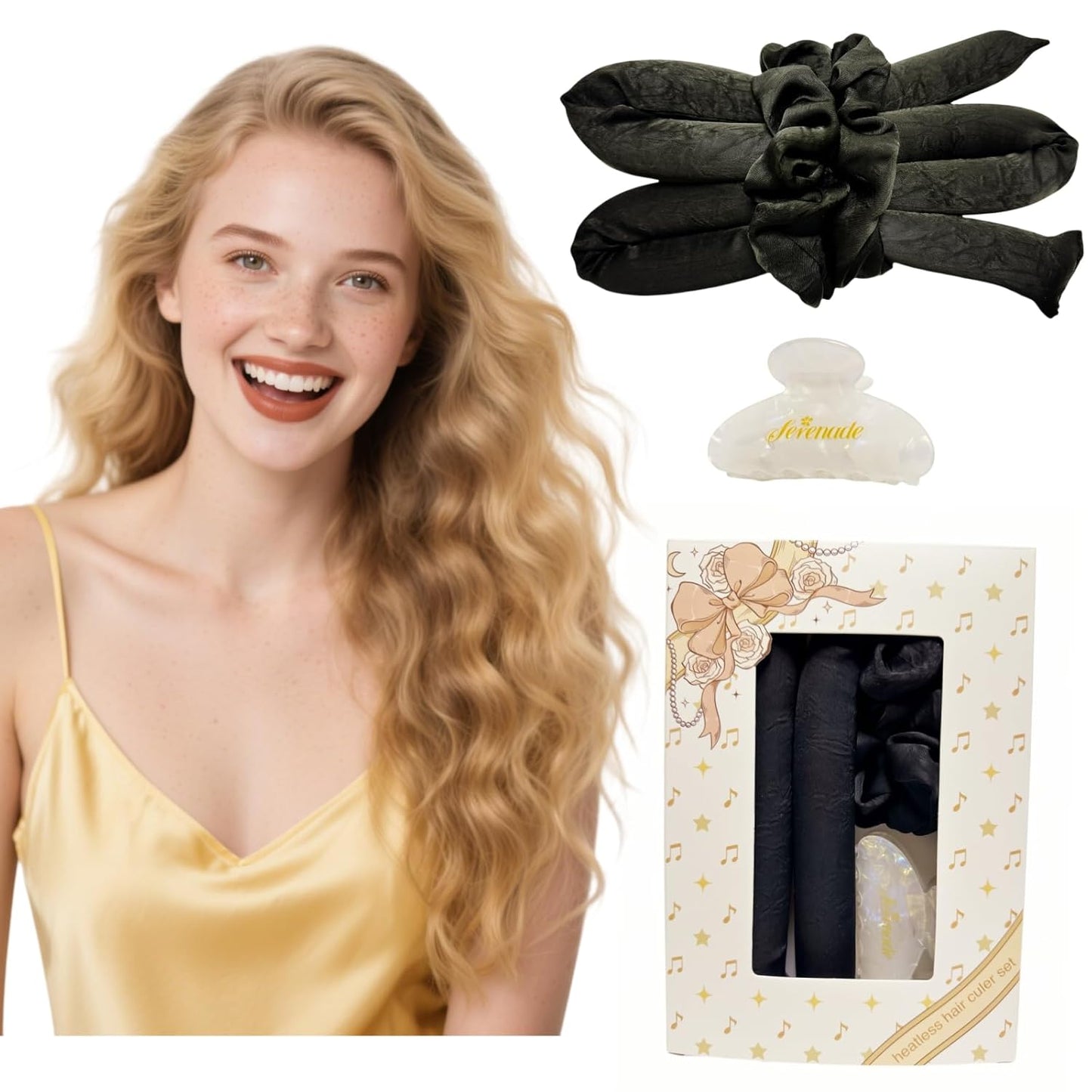 Serenade Textured Satin Heatless Curls Overnight, Heatless Hair Curler Curling Set for Women and Girls to Sleep in, with 2 Satin Scrunchies and 1 Clip for Overnight Curls, Black