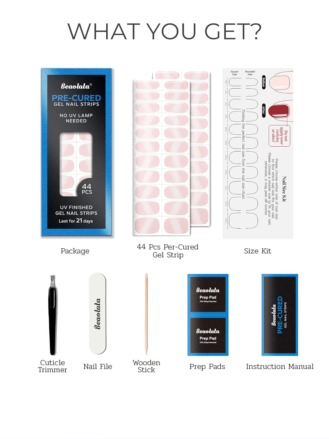 Pre Cured Gel Nail Strips - 44PCS Salon Quality Gel Nail Stickers - Long Lasting Polish Wraps for Women no UV Light Needed Easy Apply& Remove (Chic Pink）