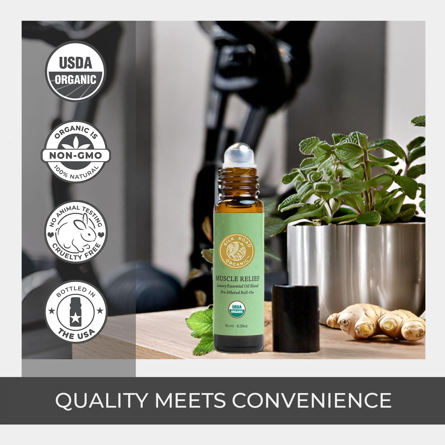 Silk Road Organic Muscle Relief Essential Oil Blend Roll On, 100% Pure USDA Certified Aromatherapy for Muscle Aches & Stiff Joints with Peppermint & Ginger - 10 ml Roller