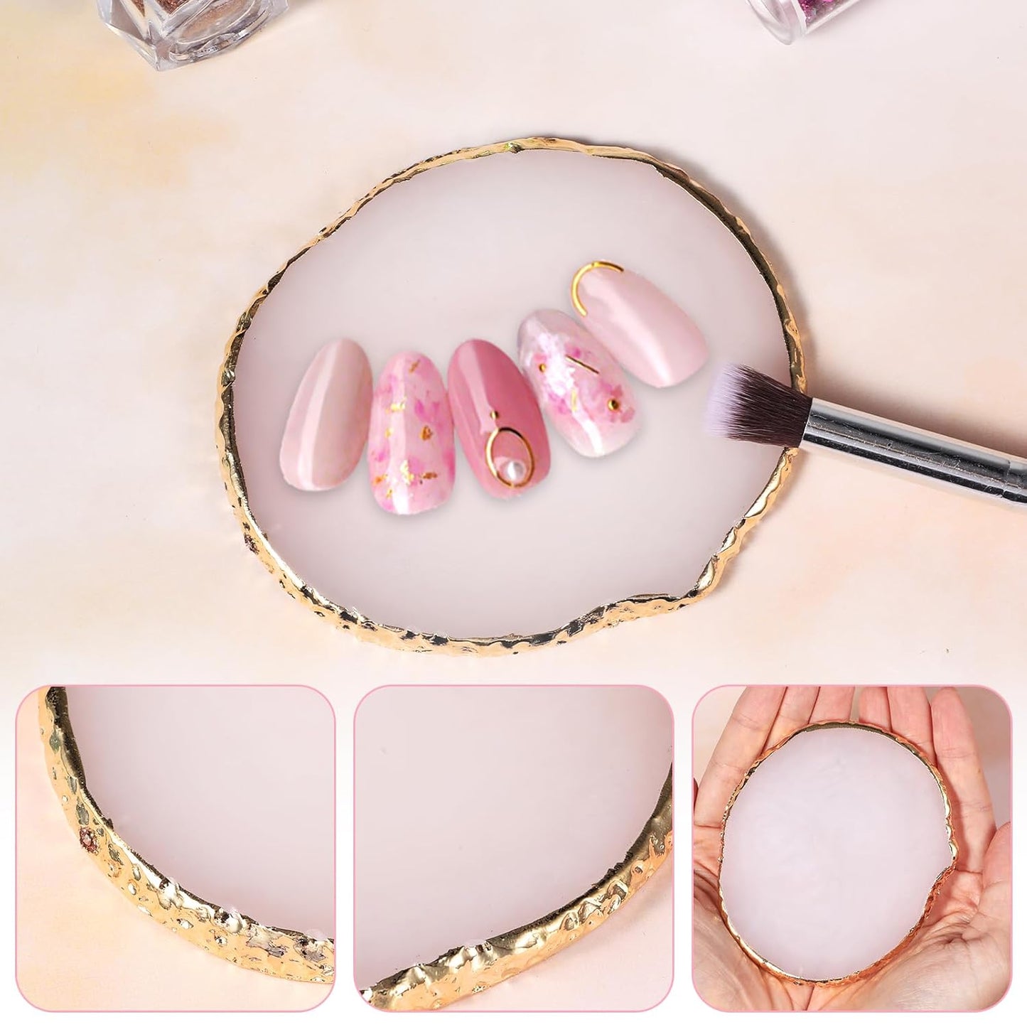 2pcs Resin Nail Art Palette Nail Painting Mixed Color Palette Gold Edge Round Makeup Holder Heart Shape Nail Polish Plate Cosmetic Mixing Tools Nail Gel Display Board