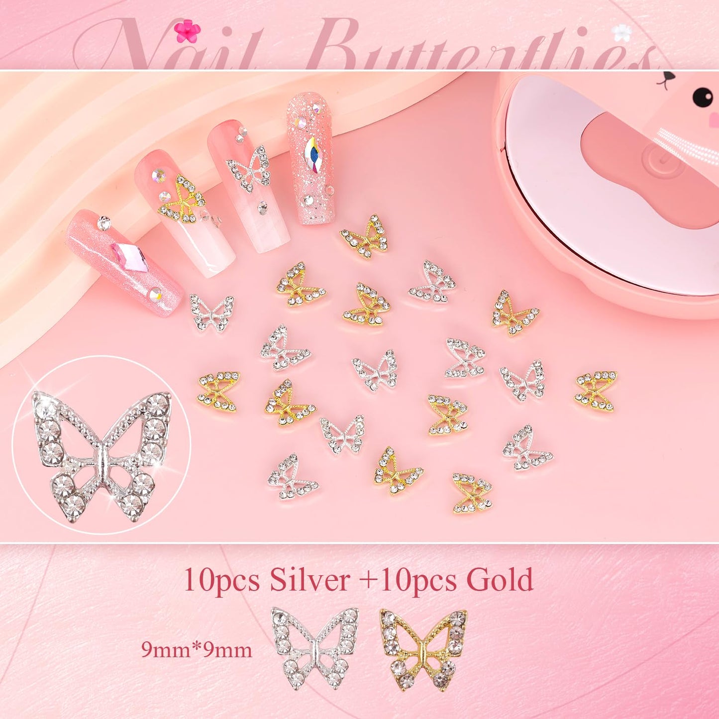 3D Nail Charms and Gems Set 1, 20PCS Gold and Silver Chunky Butterfly Charms With Rhinestones, 3D Flowers, Flatback Crystals, Pearls, Diamonds + Picker Tool for Y2K Nail Decoration