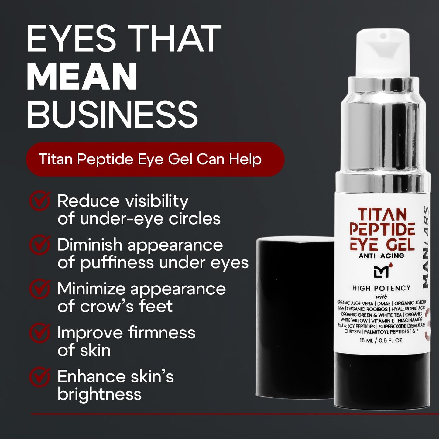 Titan Peptide Cooling Eye Gel – Mens Eye Cream – Anti-Aging Bags & Dark Circle – Eye Bags Treatment for Men – High Potency – Puffy Eyes Treatment for Men – Peptides, HA, DMAE, MSM – Unscented