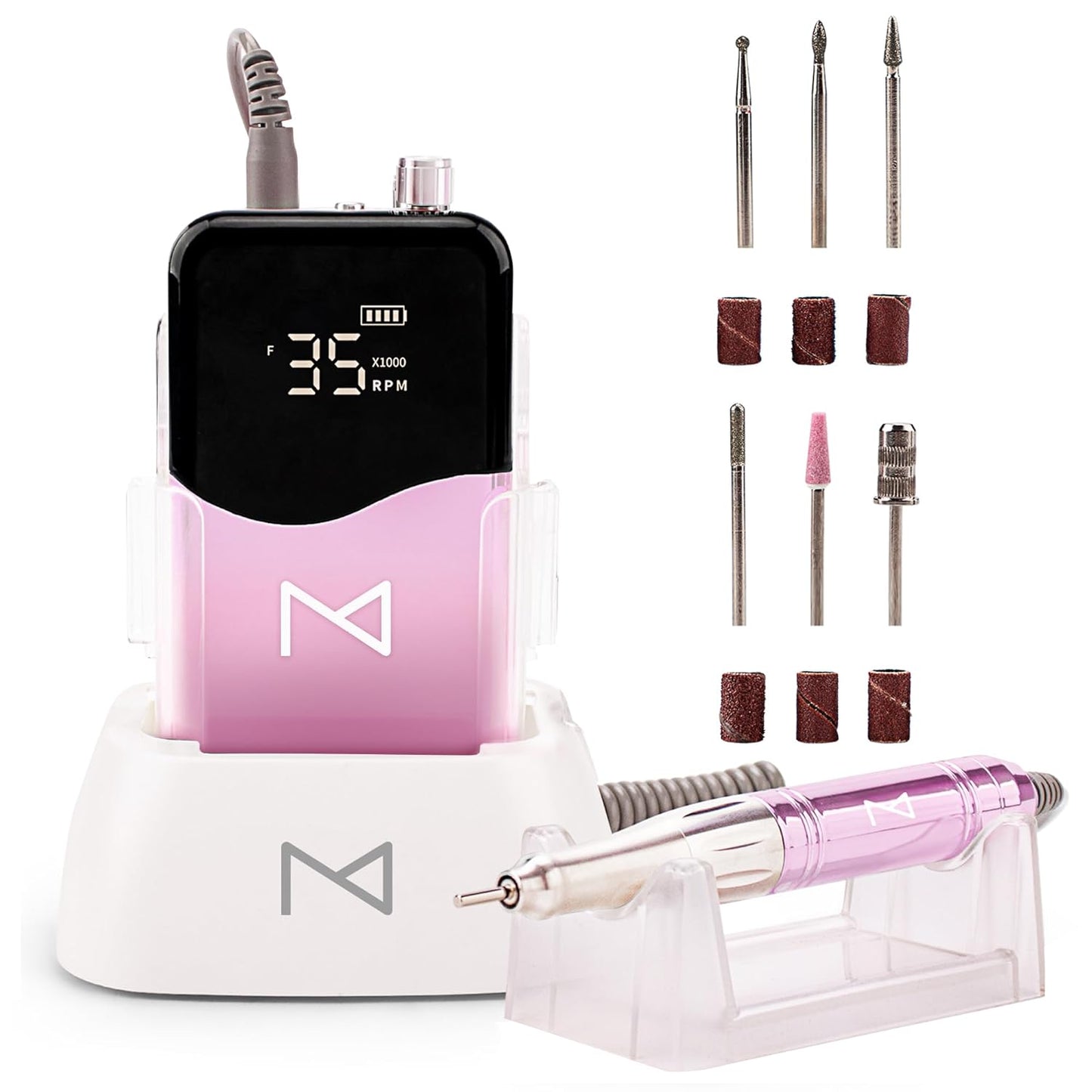 M Mase- Professional Nail Drill Machine - Coreless 2-in-1 Nail File - Electric, Cordless, 35000 RPM, HD Display - Electric Nail Drill for Professional & Home Use (Unicorn Pink)